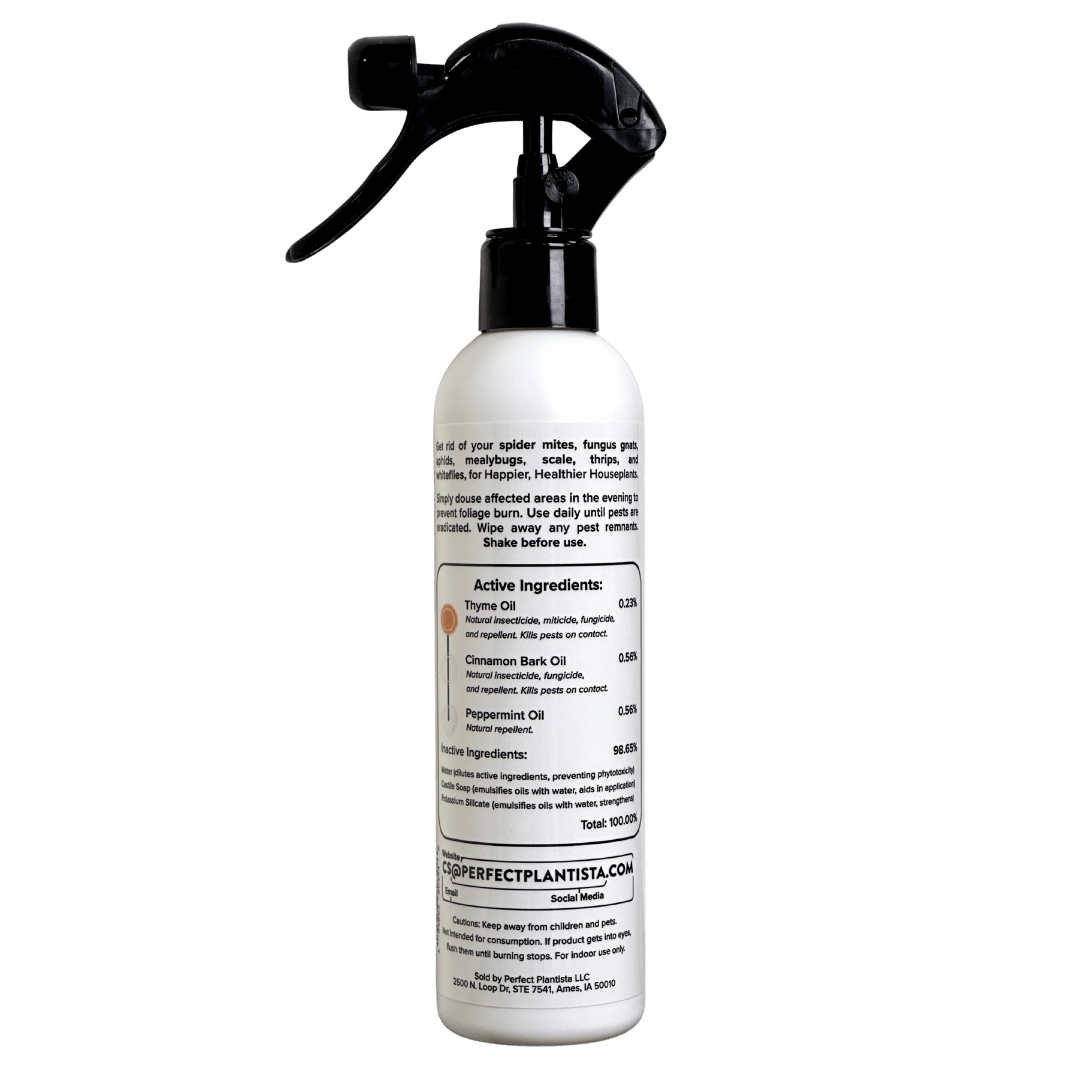 The back of a bottle of Perfect Plantista's Houseplant Pest Spray for Houseplant Pests on a transparent background.